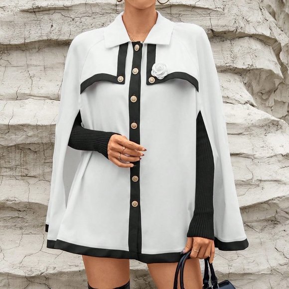 White Preppy Womens Contrast Trim Cloak Sleeve Cape Coat - Picture 4 of 5